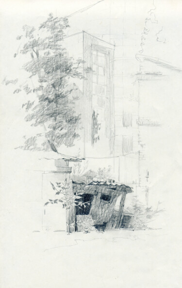 Desenho intitulada "Dilapidated shed" por Margarita Simonova, Obras de arte originais, Lápis