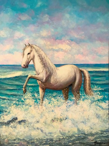 Pittura intitolato "Horse walking on sh…" da Aleks Margjini, Opera d'arte originale, Olio