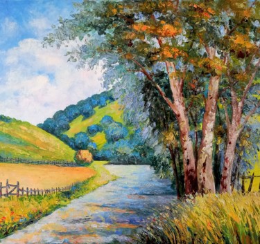 Malerei mit dem Titel "Road to the village" von Aleks Margjini, Original-Kunstwerk, Öl