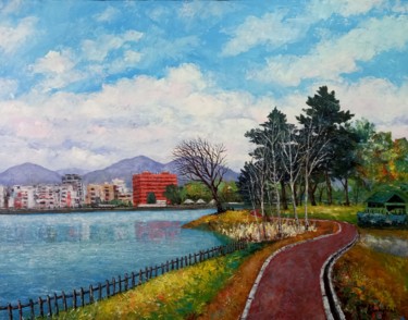 Malerei mit dem Titel "Lake Tirana" von Aleks Margjini, Original-Kunstwerk, Öl