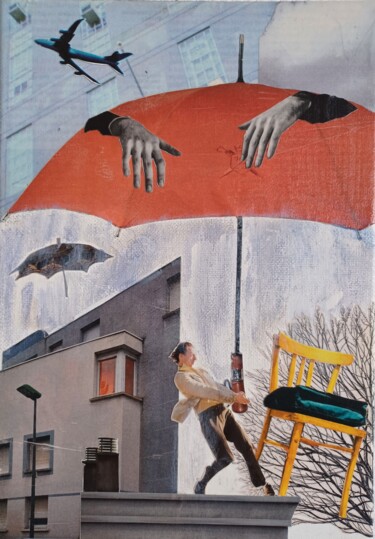 Collages titled "Le Parapluie" by Margot, Original Artwork, Collages Mounted on Wood Stretcher frame