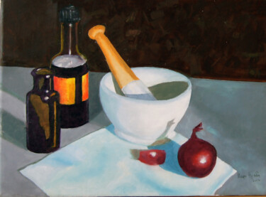 Painting titled "Tzatziki and pestle" by Mari Iliadi Iliaktida, Original Artwork, Oil Mounted on Wood Stretcher frame