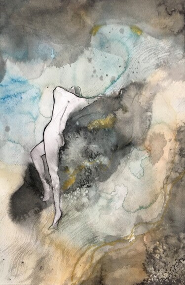 Painting titled "Girl by the Sea" by Mari Skakun, Original Artwork, Watercolor