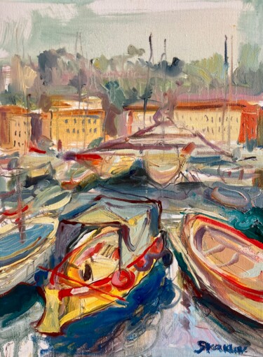 Painting titled "THE PORT IN NICE" by Mari Skakun, Original Artwork, Oil Mounted on Wood Panel