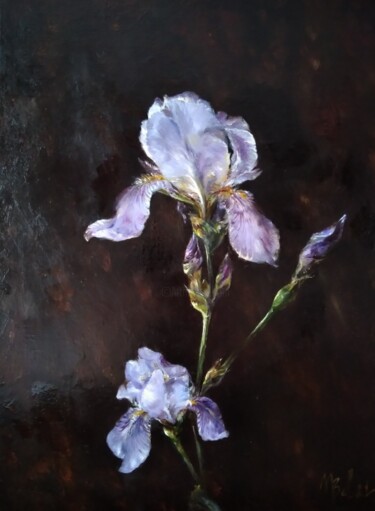 Painting titled "Noble Iris" by Maria Bel, Original Artwork, Oil Mounted on Cardboard