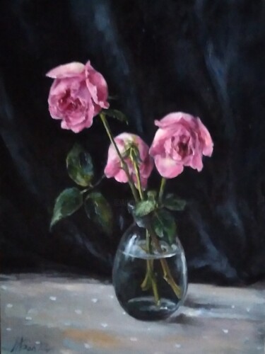 Pintura intitulada "Tristesse en Rose" por Maria Bel, Obras de arte originais, Óleo Montado em Cartão