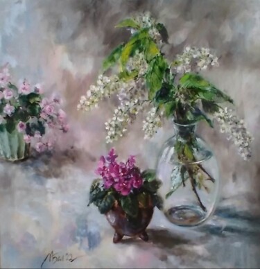 Painting titled "Bird cherry and min…" by Maria Bel, Original Artwork, Oil Mounted on Wood Stretcher frame