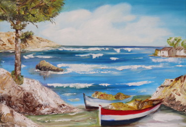 Painting titled "Barque en bord de p…" by Marie Cutillas, Original Artwork, Oil