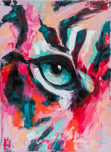 Pintura intitulada ""Pink tiger eye"" por Mari Dein, Obras de arte originais, Óleo Montado em Armação em madeira