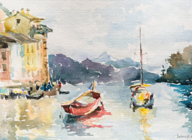 Pintura intitulada "A quiet harbor wate…" por Maria Delendik, Obras de arte originais, Aquarela