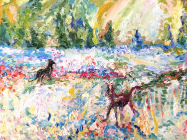 Painting titled "Horse landscape pai…" by Maria Delendik, Original Artwork, Oil