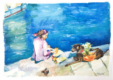 Malarstwo zatytułowany „Watercolor seascape…” autorstwa Maria Delendik, Oryginalna praca, Akwarela