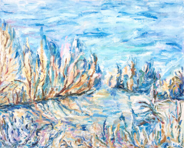 Schilderij getiteld "Winter lake landsca…" door Maria Delendik, Origineel Kunstwerk, Olie