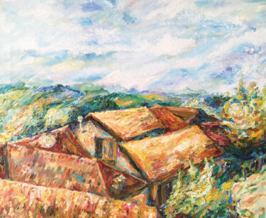 Painting titled "Tuscany Tuscan roof…" by Maria Delendik, Original Artwork, Oil Mounted on Wood Stretcher frame