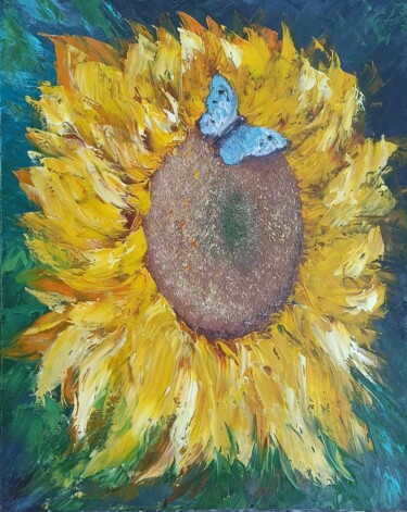 Painting titled "Butterfly" by Maria Galan, Original Artwork, Oil Mounted on Wood Stretcher frame