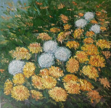 Painting titled "Flowery meadow" by Maria Galan, Original Artwork, Oil Mounted on Wood Stretcher frame