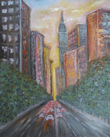 Painting titled "Urban landscape" by Maria Galan, Original Artwork, Oil Mounted on Wood Stretcher frame