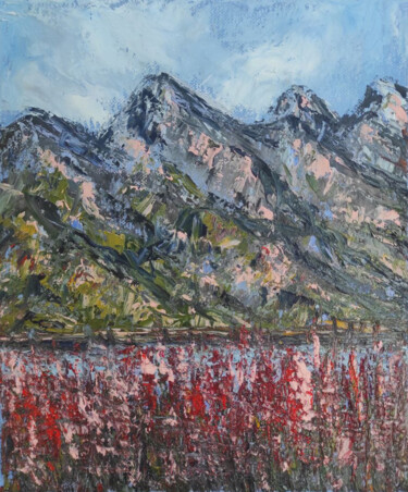Painting titled "Mountain air" by Maria Galan, Original Artwork, Oil Mounted on Wood Stretcher frame