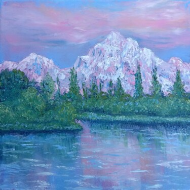 Painting titled "The pink mountains" by Maria Galan, Original Artwork, Oil Mounted on Wood Stretcher frame