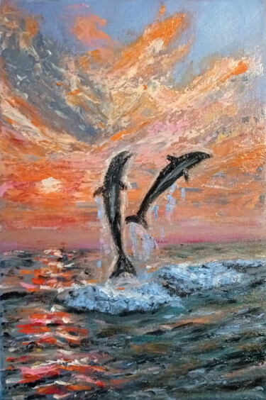 Painting titled "Dolphins" by Maria Galan, Original Artwork, Oil Mounted on Wood Stretcher frame