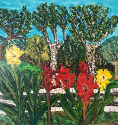 Painting titled "Grand arbres et fle…" by Maria Helena Benier - De Macedo, Original Artwork, Acrylic