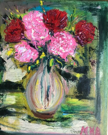 Painting titled "Amour de pivoines" by Maria Helena Benier - De Macedo, Original Artwork, Oil Mounted on artwork_cat.