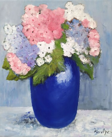 Pittura intitolato "Hydrangeas in a blu…" da Maria Karalyos, Opera d'arte originale, Olio Montato su Telaio per barella in l…