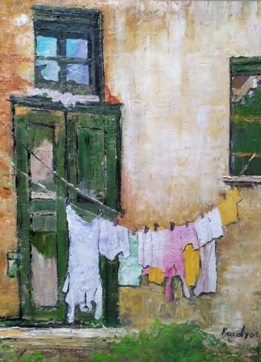 Painting titled "Old house" by Maria Karalyos, Original Artwork, Oil Mounted on Wood Stretcher frame