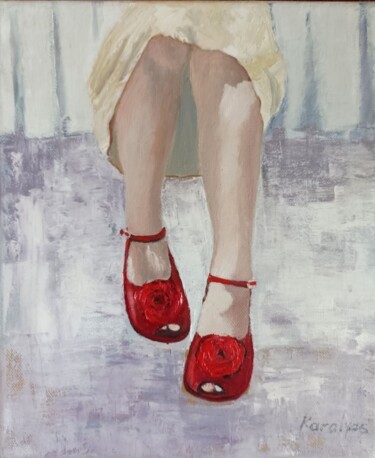 Painting titled "The little red shoes" by Maria Karalyos, Original Artwork, Oil
