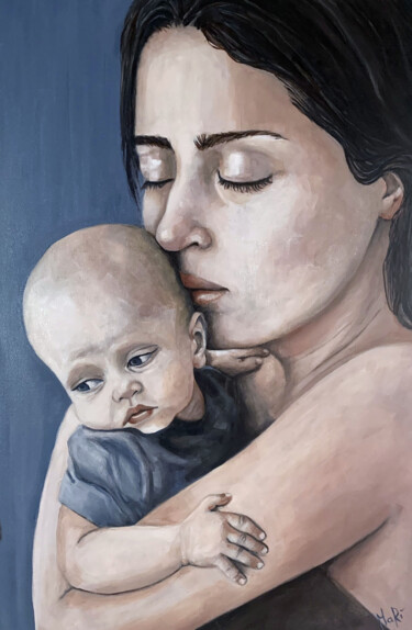 Painting titled "Madre" by Maria Romano, Original Artwork, Oil Mounted on Wood Stretcher frame