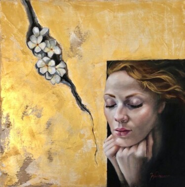 Painting titled "Beyond the crack" by Maria Romano, Original Artwork, Oil Mounted on Wood Stretcher frame