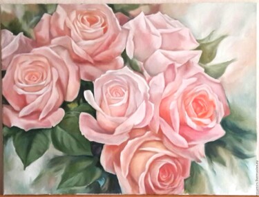 Malarstwo zatytułowany „"Бежевые розы" масл…” autorstwa Мария Санова, Oryginalna praca, Olej