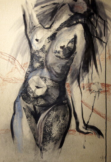 Drawing titled "Nude with a rose -…" by Maria Shedrina, Original Artwork, Monotype