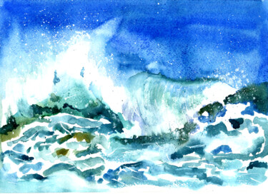 Schilderij getiteld "Water sea wave print" door Maria Sotnikova, Origineel Kunstwerk, Aquarel