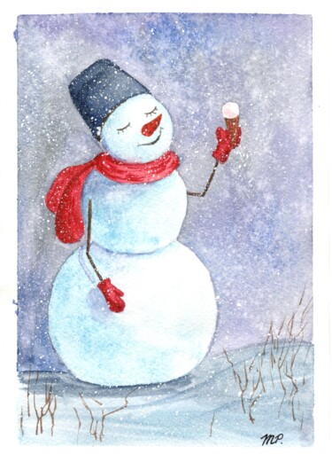 Pintura intitulada "Watercolor snowman…" por Maria Sotnikova, Obras de arte originais, Aquarela