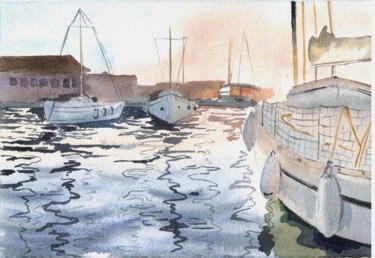 Malerei mit dem Titel "Watercolor boats in…" von Maria Sotnikova, Original-Kunstwerk, Aquarell