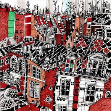 Drawing titled "Red Roofs of Munich" by Maria Susarenko, Original Artwork, Ballpoint pen
