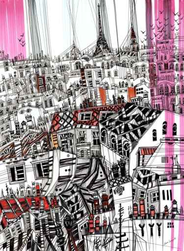 Drawing titled "Pink Sky of Paris" by Maria Susarenko, Original Artwork, Ballpoint pen