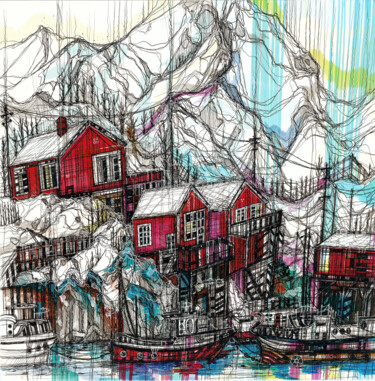 Rysunek zatytułowany „Lofoten. Norway” autorstwa Maria Susarenko, Oryginalna praca, Długopis żelowy