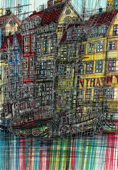 Dessin intitulée "Nyhavn. Copenhagen" par Maria Susarenko, Œuvre d'art originale, Stylo gel