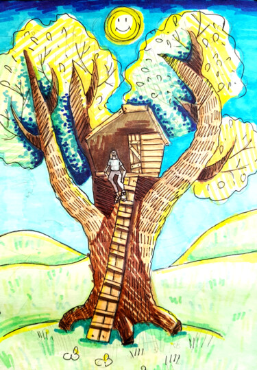 Painting titled "Sunny day, house, t…" by Maria Terskikh, Original Artwork, Marker
