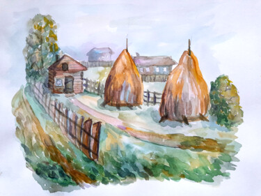 Painting titled "landscape, village,…" by Maria Terskikh, Original Artwork, Watercolor