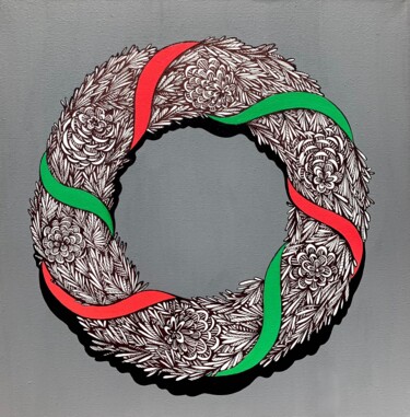 Painting titled "CHRISTMAS WREATH" by Maria Tuzhilkina, Original Artwork, Marker Mounted on Wood Stretcher frame