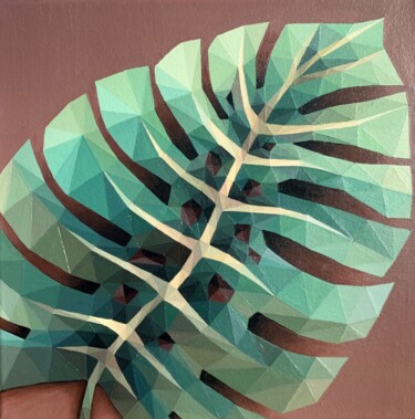 Painting titled "LONELY LEAF MONSTERA" by Maria Tuzhilkina, Original Artwork, Acrylic Mounted on Wood Stretcher frame