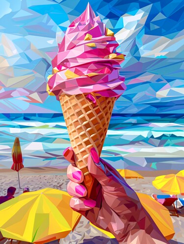 Digital Arts titled "PINK ICE CREAM ON T…" by Maria Tuzhilkina, Original Artwork, Digital Painting Mounted on Wood Stretcher…