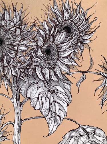 Painting titled "SUNFLOWERS ON BEIGE" by Maria Tuzhilkina, Original Artwork, Marker Mounted on Wood Stretcher frame