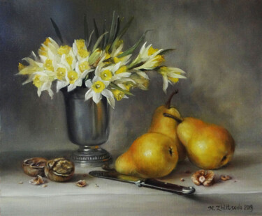 Pintura titulada "Poires et jonquilles" por Maria Zhiltsova, Obra de arte original, Oleo