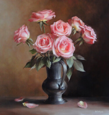 Peinture intitulée "Roses dans un vase…" par Maria Zhiltsova, Œuvre d'art originale, Huile