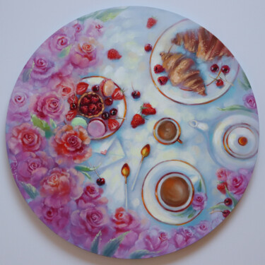 Painting titled "Breakfast in bed" by Mariia Zhurovich, Original Artwork, Oil Mounted on Wood Stretcher frame