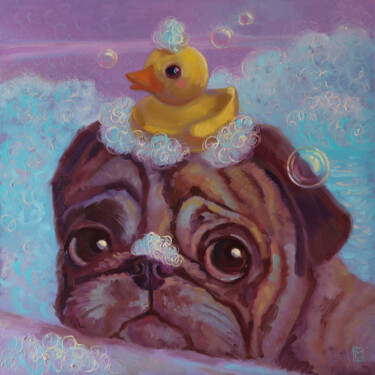 Malarstwo zatytułowany „"Pug and soap bubbl…” autorstwa Мария Журович, Oryginalna praca, Olej Zamontowany na Panel drewniany